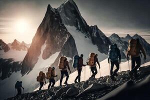 generativ ai Illustration von Gruppe von Bergsteiger. mehrere hoch alpin Kletterer im Vorderseite von ein riesig Berg foto