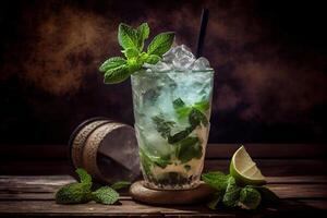 generativ ai Illustration von Mojito Cocktail mit Eis und Minze, perfekt zum Sommer- foto