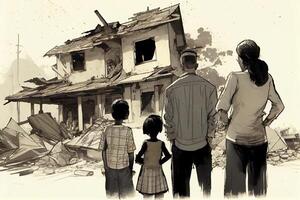 generativ ai Illustration von ein Familie Stehen im Vorderseite von Zusammenbruch Gebäude Bereich, natürlich Katastrophe oder Krieg Opfer foto