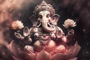 generativ ai Illustration von Ganesha Hindu Gott , mit Blumen, Öl Gemälde genommen oben in Himmel, Sitzung im Vorderseite von Bokeh Mandala Hintergrund foto