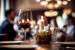 generativ ai Illustration von ein Restaurant Tabelle mit ein Glas von Weiß Wein, Sanft golden Licht, teuer Restaurant mit schön Beleuchtung im das Hintergrund foto