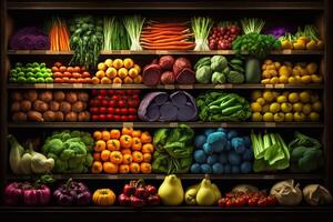 generativ ai Illustration von Gemüse Farmer Markt Zähler bunt verschiedene frisch organisch gesund Gemüse beim Lebensmittelgeschäft speichern. gesund natürlich Essen Konzept foto