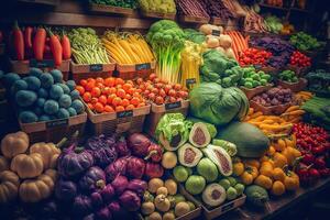 generativ ai Illustration von Gemüse Farmer Markt Zähler bunt verschiedene frisch organisch gesund Gemüse beim Lebensmittelgeschäft speichern. gesund natürlich Essen Konzept foto