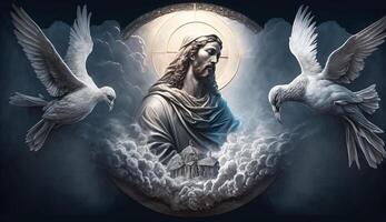 Illustration von Jesus beten umgeben durch Tauben auf ein Wolke, generativ ai foto
