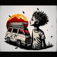 generativ ai. abstrakt Grafik Psycho Graffiti mit das Wohnmobil rv van Junge und Blumen. inspiriert durch alt Jahrgang Kunst und Banken Stil. Grafik Kunst Illustration. foto