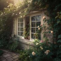 Jahrgang Fenster mit öffnen hölzern Fensterläden und frisch Blumen. .erstellt mit generativ ai foto