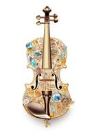 generativ ai, schön Musical Instrument Geige, Brosche, Opal Stein und golden Farbe Palette isoliert auf Weiß Hintergrund. Schmuck, Schmuck schließen oben foto
