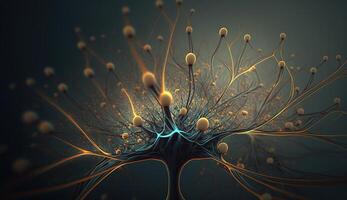generativ ai, konzeptionelle Illustration von Neuron Zellen mit glühend Verknüpfung Knoten im abstrakt dunkel Raum, hoch Auflösung. Mensch nervös System, neural Netzwerk foto