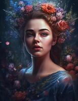ein schön Mädchen tragen Blume Krone Illustration generativ ai foto