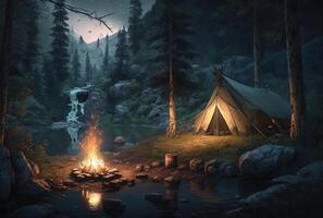 Nacht Wald Landschaft mit Zelt und Lagerfeuer. generativ ai foto