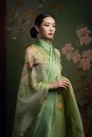 ein Dame tragen ein traditionell Haute Couture inspiriert durch das Farben generativ ai foto