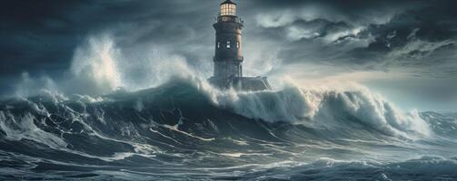 Leuchtturm Ozean Wellen Sturm generativ ai foto