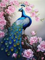 ein Gemälde von ein Pfau auf ein Ast mit Rosa Blumen generativ ai foto