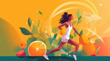 ein Mädchen Laufen mit Obst Hintergrund Illustration Kunst generativ ai foto