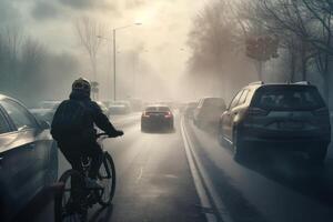 ein anregend Bild von ein Radfahrer Reiten im nebelig Straße generativ ai foto