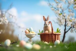 ai generiert Hase mit Korb und Ostern Eier draußen foto