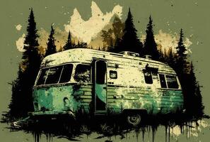 alt Grunge Design von Camping van im das Wald. generativ ai foto