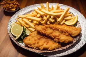 ein Teller von Fisch und Chips mit ein Flasche von Ketchup im das Hintergrund. generativ ai foto