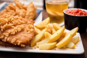 ein Teller von Fisch und Chips mit ein Flasche von Ketchup im das Hintergrund. generativ ai foto