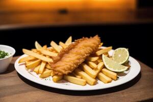 ein Teller von Fisch und Chips mit ein Flasche von Ketchup im das Hintergrund. generativ ai foto