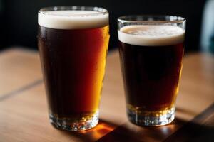 Glas von Bier mit Schaum auf ein dunkel Hintergrund, Nahansicht. generativ ai foto