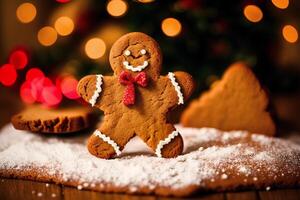 Weihnachten Lebkuchen Kekse mit Glasur Zucker auf das Hintergrund von das Weihnachten Baum. Lebkuchen Mann. generativ ai foto