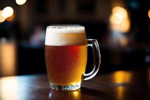 Glas von Bier mit Schaum auf ein dunkel Hintergrund, Nahansicht. generativ ai foto