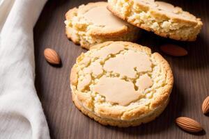 hausgemacht Haferflocken Kekse mit Mandeln auf ein hölzern Hintergrund. generativ ai foto