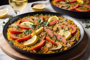 Paella, traditionell Spanisch Gericht gemacht mit Reis, Hähnchen und Gemüse, serviert im ein Pfanne. Paella mit Meeresfrüchte. Spanisch Küche. generativ ai foto