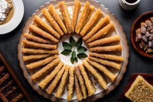 traditionell Türkisch Dessert Baklava mit Cashew, Walnüsse. hausgemacht Baklava mit Nüsse und Honig. generativ ai foto