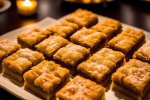 traditionell Türkisch Dessert Baklava mit Cashew, Walnüsse. hausgemacht Baklava mit Nüsse und Honig. generativ ai foto