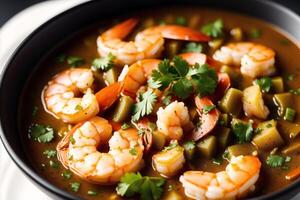 Curry mit Hähnchen und Gemüse im ein Schüssel auf ein hölzern Tisch. Gumbo. Gemüse Suppe. Meeresfrüchte Suppe generativ ai foto