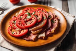 köstlich Scheiben von geräuchert Speck auf ein hölzern Tisch. generativ ai foto