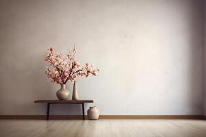 ai generiert Innen- Aussicht mit Topf, Blätter und Möbel im asiatisch Stil foto