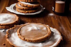 Weihnachten Lebkuchen Kekse mit Glasur Zucker auf das Hintergrund von das Weihnachten Baum. Lebkuchen Mann. generativ ai foto