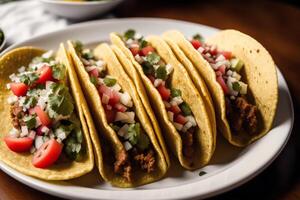 traditionell Mexikaner Tacos mit Rindfleisch, Tomate, Zwiebel und Salsa. Mexikaner Nachos generativ ai foto