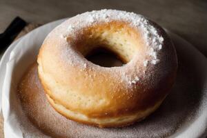 köstlich hausgemacht Donuts auf das Tisch. lecker Donuts auf ein hölzern Hintergrund, Süss Lebensmittel. generativ ai foto