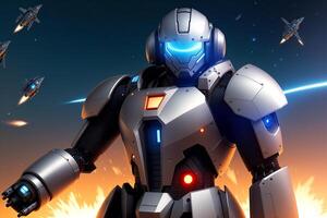 ein Roboter, Krieger mit Rüstung und Waffe.Astronaut im Raum. Kriege im Raum. humanoid. Digital Kunst, Fantasie Kunst, Anime, generativ ai foto