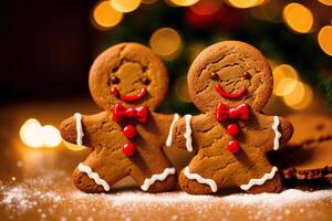 Weihnachten Lebkuchen Kekse mit Glasur Zucker auf das Hintergrund von das Weihnachten Baum. Lebkuchen Mann. generativ ai foto