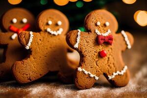 Weihnachten Lebkuchen Kekse mit Glasur Zucker auf das Hintergrund von das Weihnachten Baum. Lebkuchen Mann. generativ ai foto