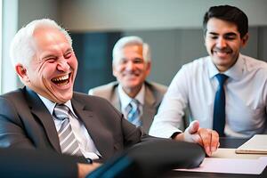 alt Geschäftsmann Lachen im ein Treffen mit andere Geschäftsmann im ein Büro ai generativ foto