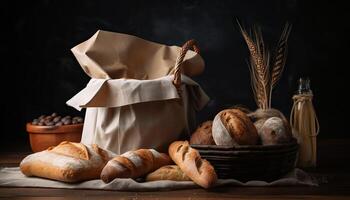 Papier Tasche mit Brot und Korb von Gebäck. generativ ai foto