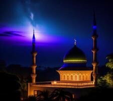 ein Moschee mit dunkel Neon- und schön Wetter ai generiert foto