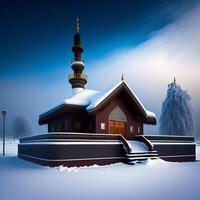 ein Moschee mit sehr Schnee und schön Wetter ai generativ foto