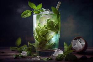 generativ ai Illustration von Mojito Cocktail mit Eis und Minze, perfekt zum Sommer- foto