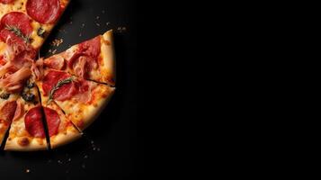 oben Aussicht köstlich Pizza mit Text Raum Attrappe, Lehrmodell, Simulation Hintergrund mit generativ ai foto