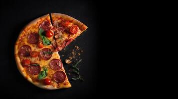 oben Aussicht köstlich Pizza mit Text Raum Attrappe, Lehrmodell, Simulation Hintergrund mit generativ ai foto