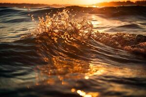 Welle Wasser beim Sonnenuntergang Schuss Illustration Hintergrund mit generativ ai foto