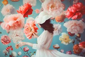 ai generiert Frau mit Blumen, Frühling Konzept foto