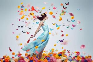 ai generiert Frau mit Schmetterlinge, Frühling Konzept foto